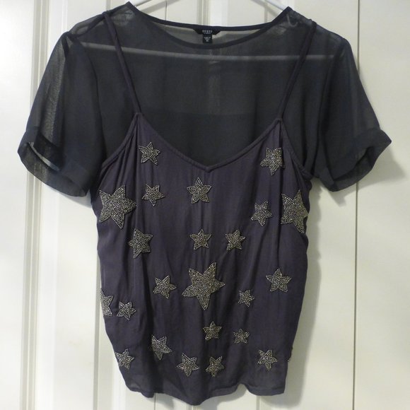 GUESS dark gray beaded stars sleeveless semi-sheer top - Picture 2 of 5